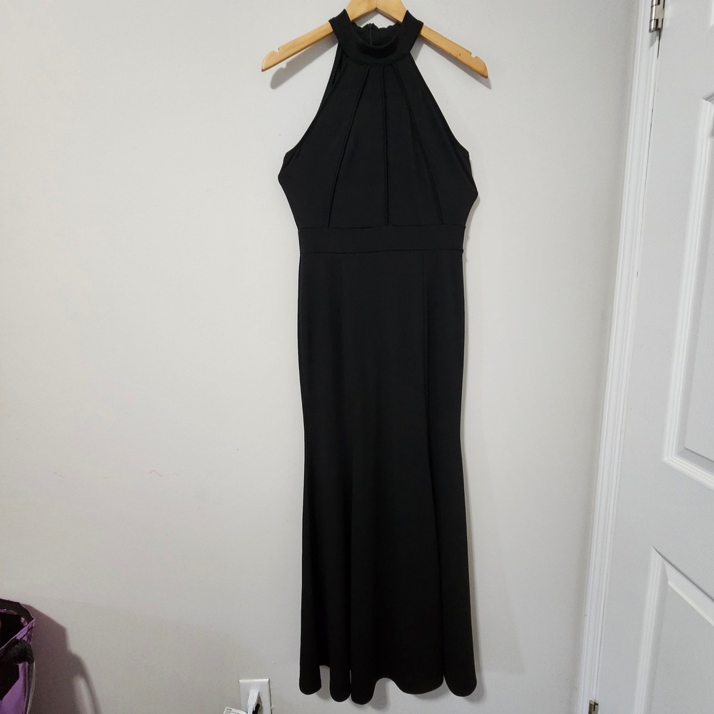Black‎ Halter Neck Pleated Bodice Mermaid Maxi Dress Evening Gown Womens